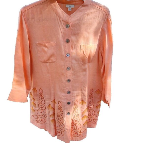 J Jill Womens Orange 100% Linen Long Sleeve Tunic Top Button Down Embroidered M - Picture 1 of 14